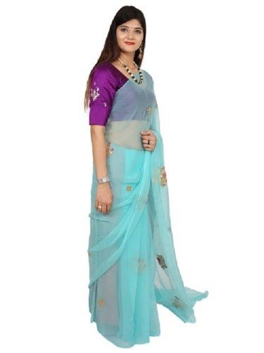 Cotton Silk Women Graceful Look Patch Work Sky Blue Designer Net Saree 