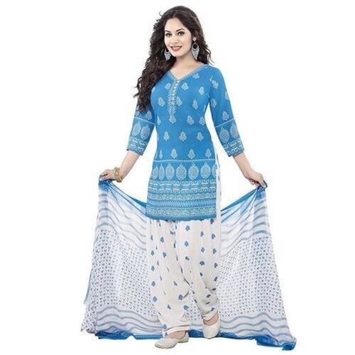 Casual Wear V Neck 3/4th Sleeves Printed Cotton Ladies Salwar Suits - Cotton, M, Sky Blue and White | Breathable, Quick Dry, Washable, Ethnic Indian Style