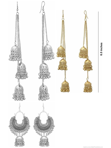 Combo of 3 Alloy Silver Chandbali Danglers Earring - 50g Weight Stylish Long Oxidized 3 Layer Jhumka Versatile Design for Women and Girls
