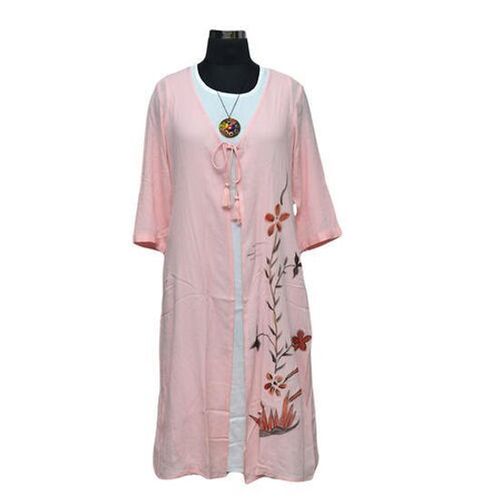 Embroidered Pink Double Layer Kurti Decoration Material: Ribbons