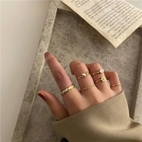 Golden Gold Plated 6 Piece Simple Butterfly Stud Flower Ring Set