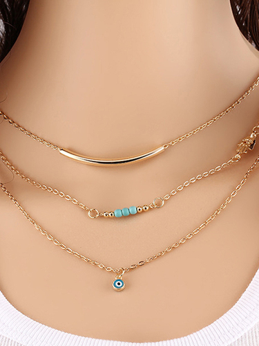 Golden Gold Plated Triple Layered Evil Eye Blue Beads Pendant Necklace