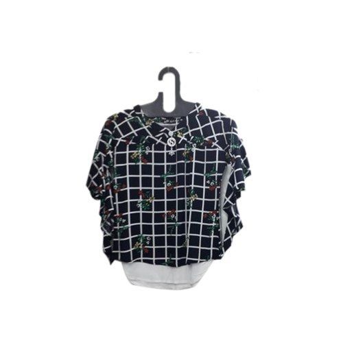 Ladies Blue Check Print Rayon Top