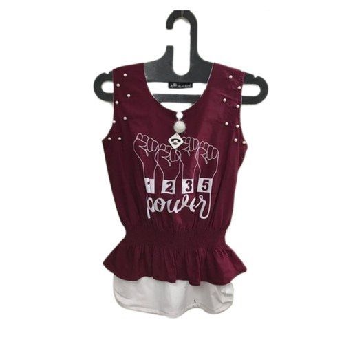 Ladies Round Neck Maroon Fancy Top