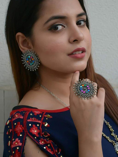 Silver  Multicolor Studded Stone Designer Stud Earring With Beautiful Ring 