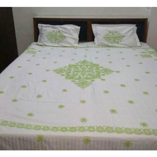 Washable Printed Pattern And White Color Chikan Bed Sheet