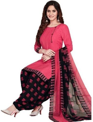 Round Neck Cotton Salwar Suit Set - Cotton M Size Pink and Black Colors | 3/4 Sleeve Style Plain Pattern Washable and Dry Cleanable
