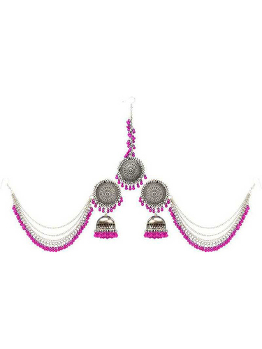 Silver And Pink Purple Beads Bahubali Jhumka Earrings With Maang Tikka Set  Gender: Women