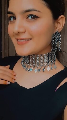Silver Mirror Style Designer Choker Necklace Set With Drop Earrings - Oxidised German Silver Plating, Adjustable Free Size Fit for Women