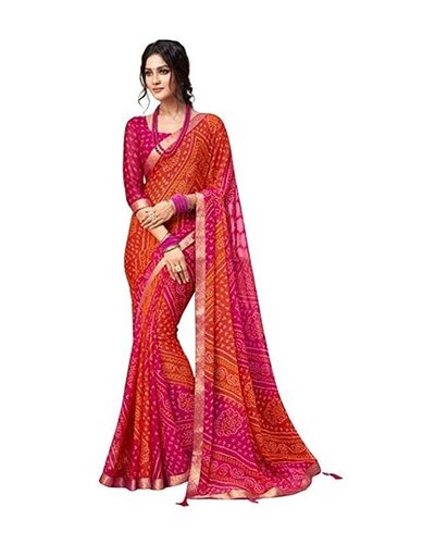 Cotton Stylish And Fancy Attractive Orange With Pink Chiffon Bandhani Printed Lace Border Women'S Saree