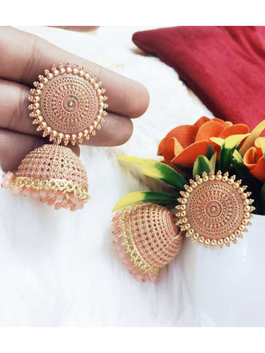 Trendy Golden Peach Pearls Drop Dome Shape Jhumka Earrings