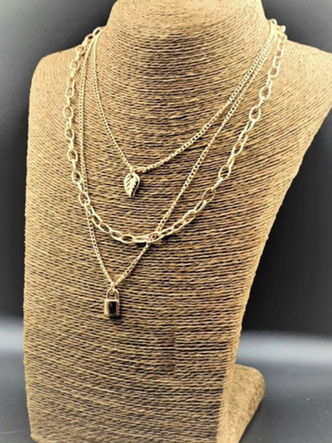 Triple Layered Gold Plated Lock And Leaf Pendant Necklace Size: Freesize
