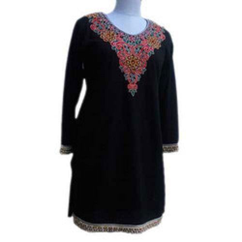 Black 36-Inch Designer Thread Work Washable Full Sleeve Ladies Woolen Kurti For Girls