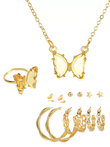 Combo Of Yellow Crystal Butterfly Pendant Earrings With Ring