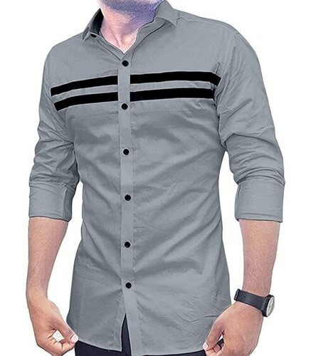 Full Sleeve Grey With Black Mens Regular Fit Casual Shirt Chest Size: 42