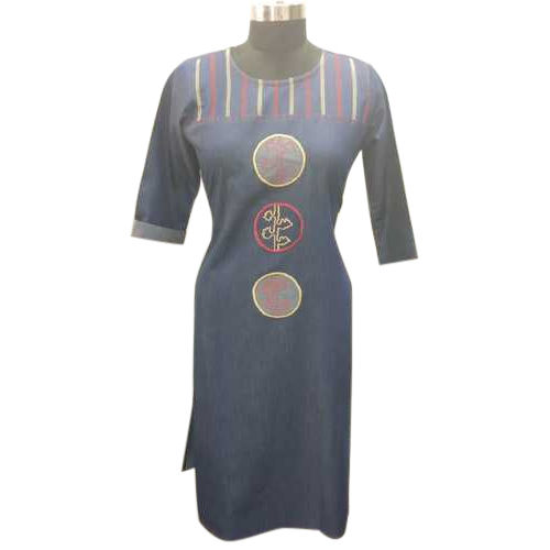 Ladies Round Neck And Long Length Printed Denim Kurti