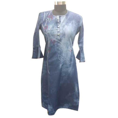 Ladies Round Neck Stitched Full Length Denim Stylish Kurti