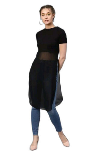 Short Sleeve And Modern Style Black Georgette Kurti