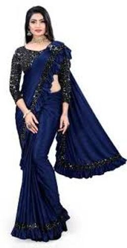 Simple Zari Work Wear Ladies Blue Polyester Saree