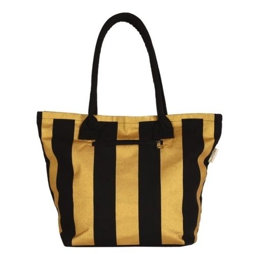 Stylish Comfortable Gold and Black Stripe Zipper Tote Bag with Handle for Women