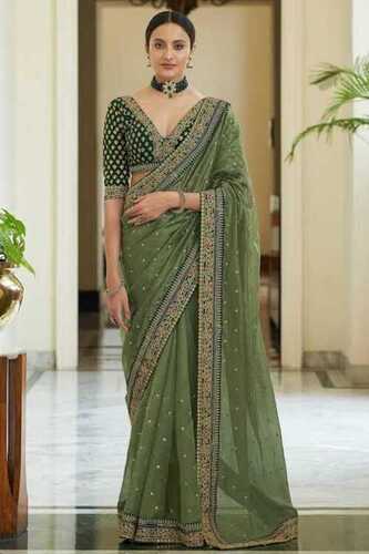 Ladies Cotton Silk Fabric Printed Sarees, Green Color For Party Wear Occasion