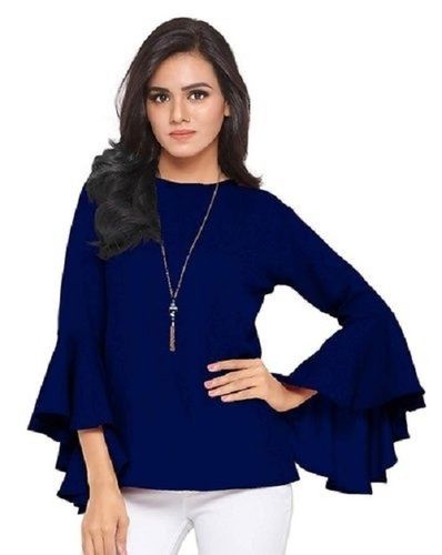 Summer Round Neck Bell Sleeves Casual Wear Navy Blue Plain Nylon Top For Womens