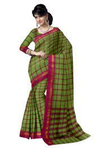 Cotton Saree - Checked Pattern, Lightweight Green Fabric for Casual Elegance