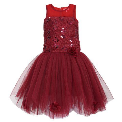 Girl Breathable Sleeveless Round Neck Elegant Party Wear Net Maroon Frock