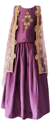 Party Wear Sleeveless Round Neck Satin Embroidered Fancy Dress For Girls 