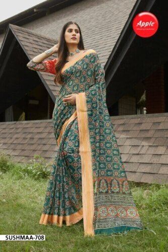 Apple Designer Linen Printed Saree With 6 Meters(With Blouse Piece)