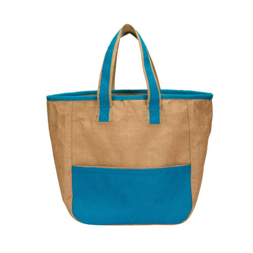 Gobamboos Beige And Blue Ladies Laminated Jute Bag 13"x14"x6" With Zip