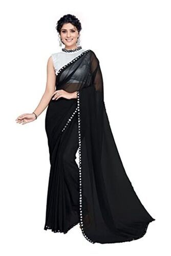  Women's Soft Georgette Designer Mirror Border work Plain Saree 