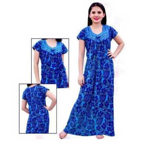 Semi-Automatic Blue Color Flower Printed Pattern Pure Cotton Ladies Nighty For Daily Wear