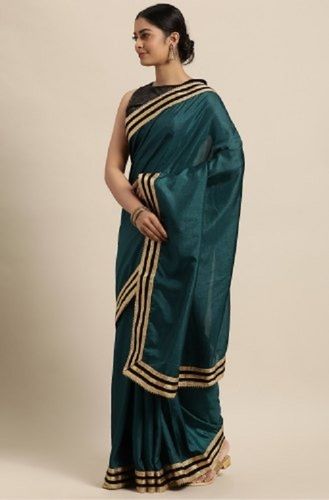 Party Wear Plain Teal Poly Silk Ladies Saree With Blouse Piece (Sar066)