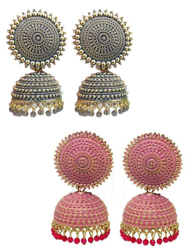 Combo Of 2 Pink , Grey Pearls Drop Dome Shape Jhumki Earrings Weight: 40 Grams (G)