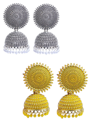 Combo Of 2 Yellow Silver Pearls Drop Dome Shape Jhumki Earrings