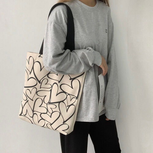 Bag Women'S New Cute Canvas Bag Girl Heart Student Large Capacity One Shoulder Messenger Tote Bag