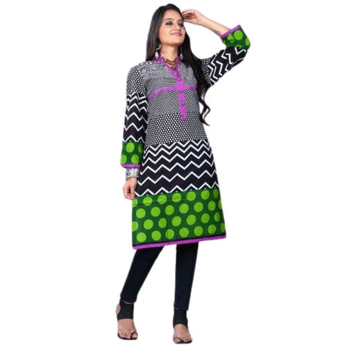 Green Casual Wear 3/4Rth Sleeved Trendy Printed Cotton Kurtis For Women