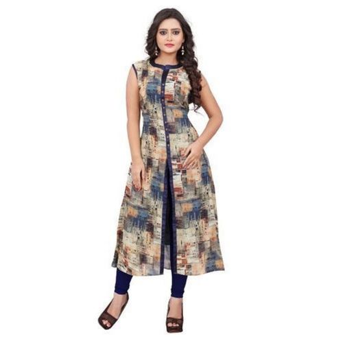 Front Slit Button Closure Printed Sleeveless Cotton Kurtis For Women