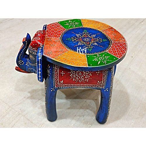 Round Wooden Elephant Stool With Hand Color Emboss Painting, For Office