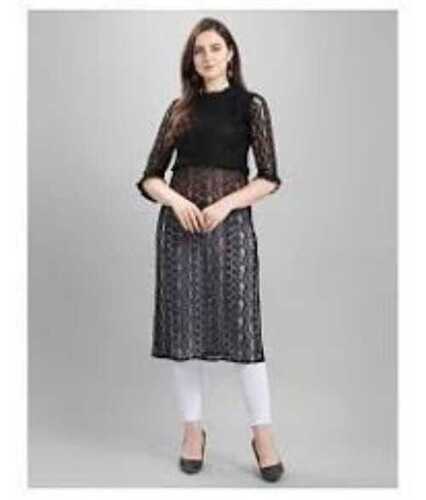 Ladies Net Kurti For Casual Wear Occasion, Short Sleeve And Black Color