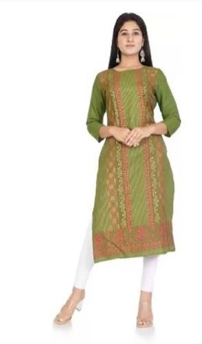 Powder Shrink Resistance Ladies 3/4Th Sleeve Cotton Silk Printed Round Neck Kurta