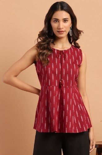 Sleeveless Geometric Print Maroon Color Cotton Ladies Top For Casual Wear