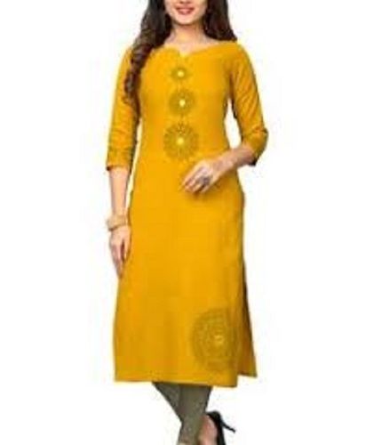 Yellow Ladies Casual Wear Printed Cotton Kurtis