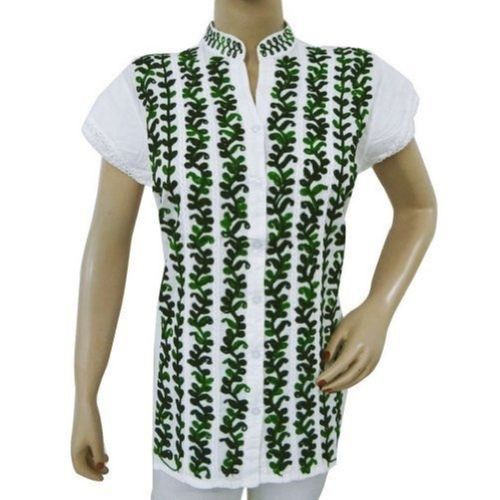 Ladies Embroidered Chinese Collar Cotton Short Kurti