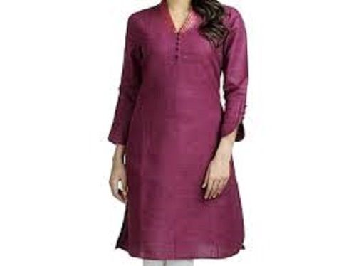 Ladies V Neck 3/4 Sleeve Soft And Comfortable Plain Cotton Silk Kurtis Bust Size: 38 Inch (In)