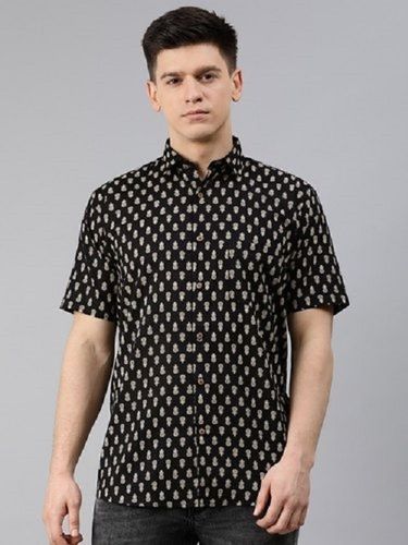 Men Elegant Look Collar Neck Short Sleeves Black Printed Cotton Shirts