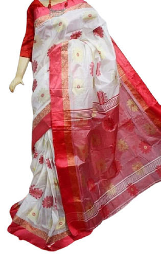 Bengali Style Anti Wrinkle Festive Wear Patch Work Printed Cotton Silk Saree With Blouse