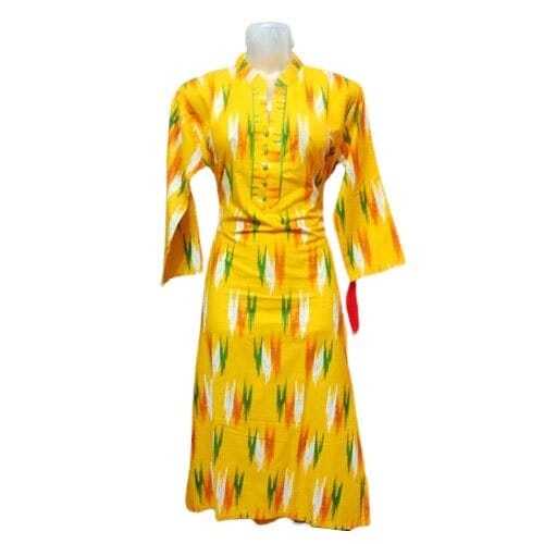 Yellow Casual Wear 3/4Th Sleeve Printed Rayon A-Line Frock Suit For Girls 