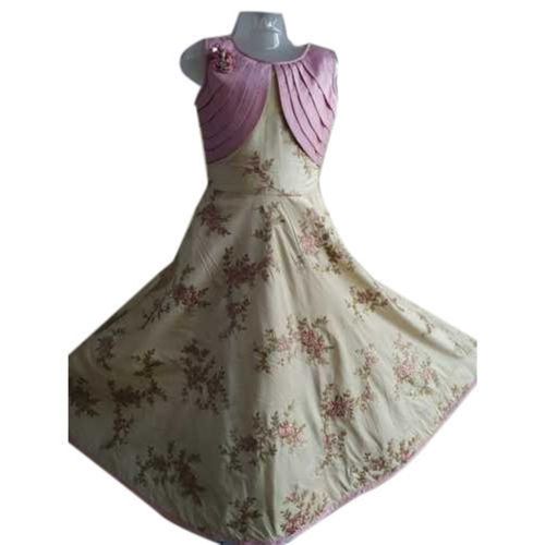 Cream and Pink Color Kids Round Neck Gown